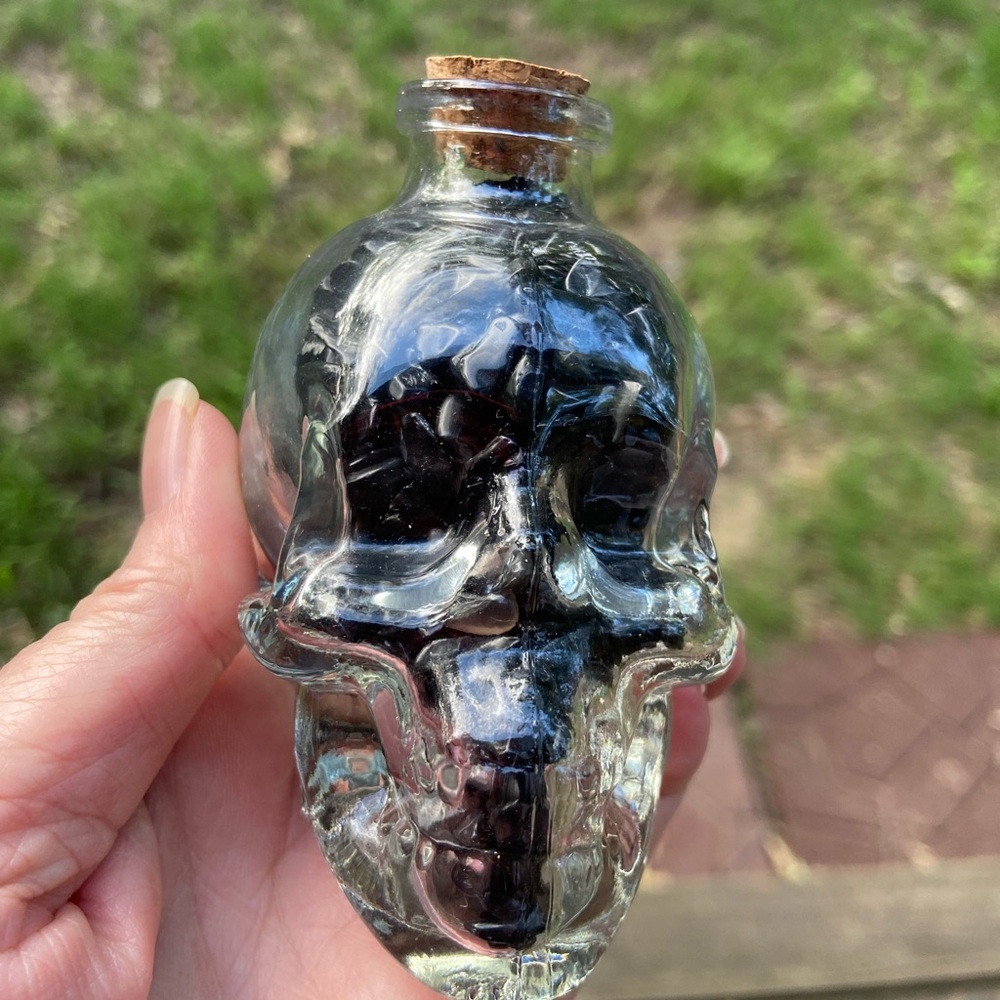 NEW Obsidian Crystals in Skull Head glass jar with cork topper- Dragon Glass